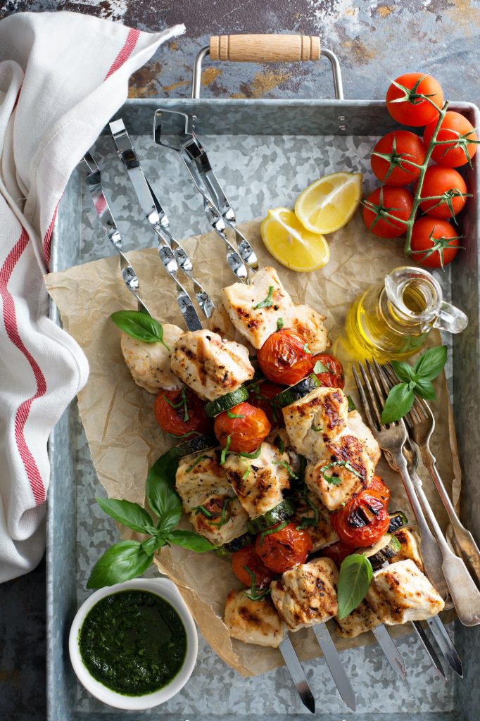 Chicken kabobs on a tray